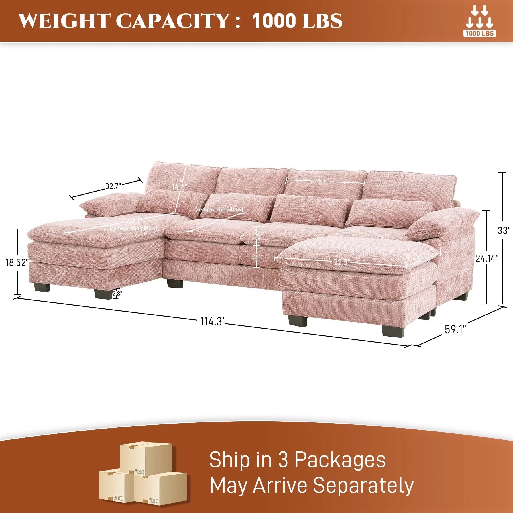 Ouyessir Soft Chenille Fabric U-Shaped Sectional Sofa Set with Doudle Layer Cushion