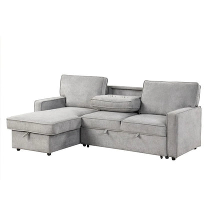 Upholstery Sleeper Sectional Sofa with Storage Space, USB Port, 2 Cup Holders on Back Cushions,Grey