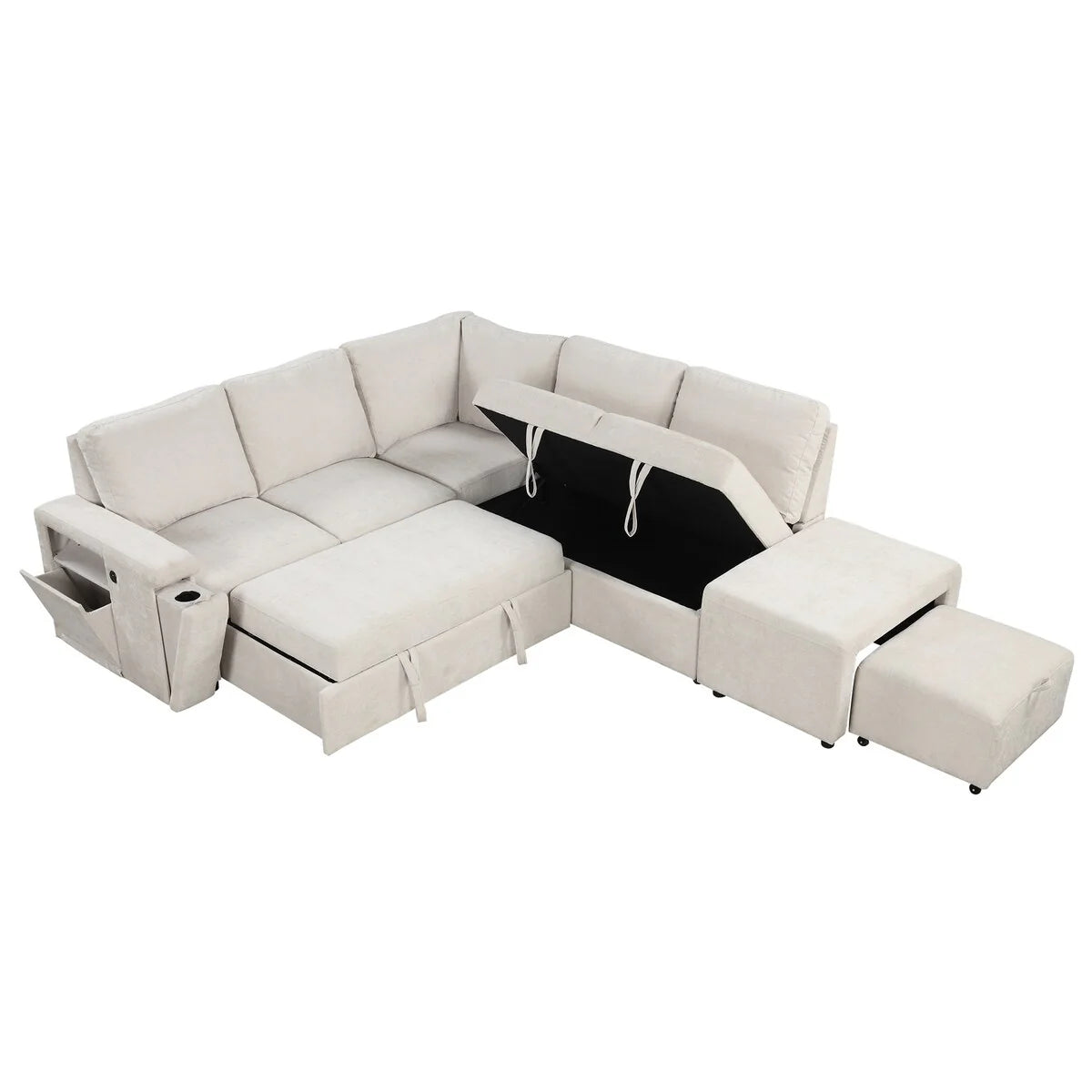 L-Shaped Sectional Set Sleeper Sofa Bed Living Room Recliner Sofa with Storage, Hidden Cup Holder, USB Port & Removable Ottoman