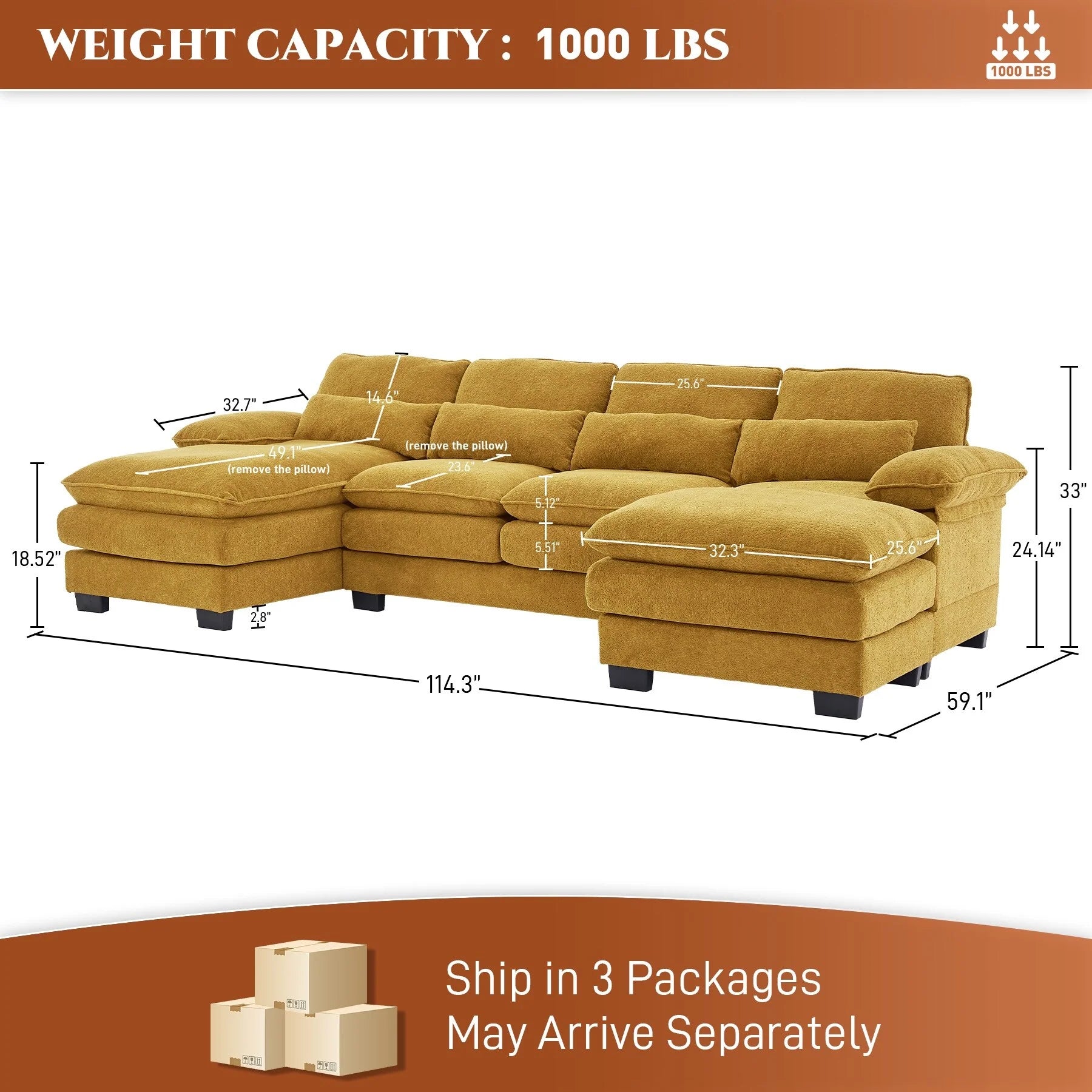 Ouyessir Soft Chenille Fabric U-Shaped Sectional Sofa Set with Doudle Layer Cushion