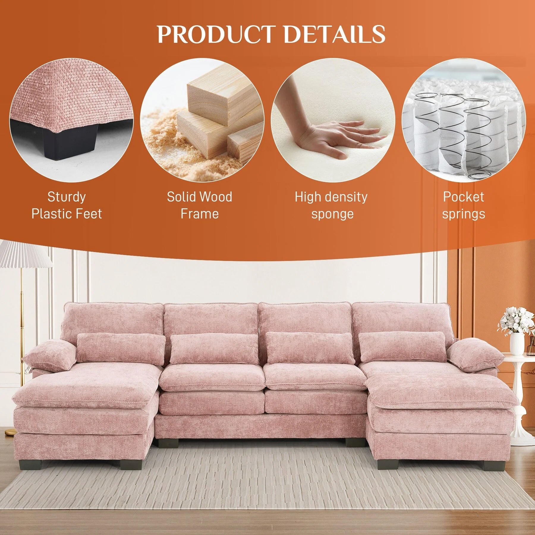 Ouyessir Soft Chenille Fabric U-Shaped Sectional Sofa Set with Doudle Layer Cushion