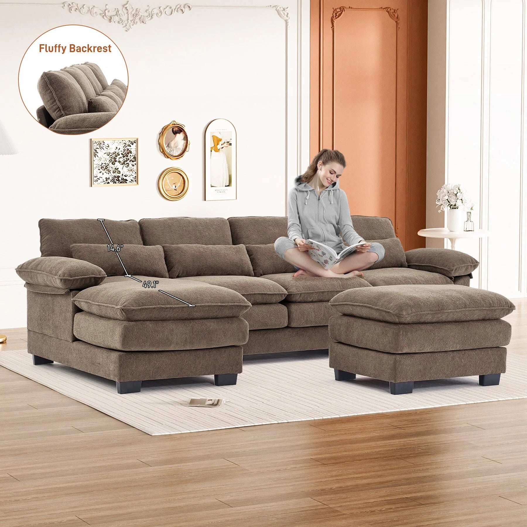 Ouyessir Soft Chenille Fabric U-Shaped Sectional Sofa Set with Doudle Layer Cushion