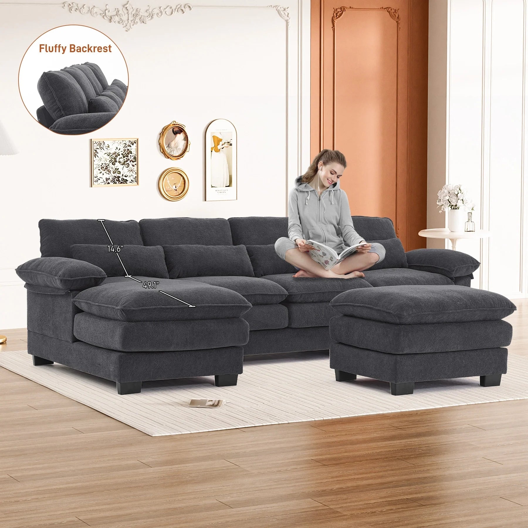 Ouyessir Soft Chenille Fabric U-Shaped Sectional Sofa Set with Doudle Layer Cushion