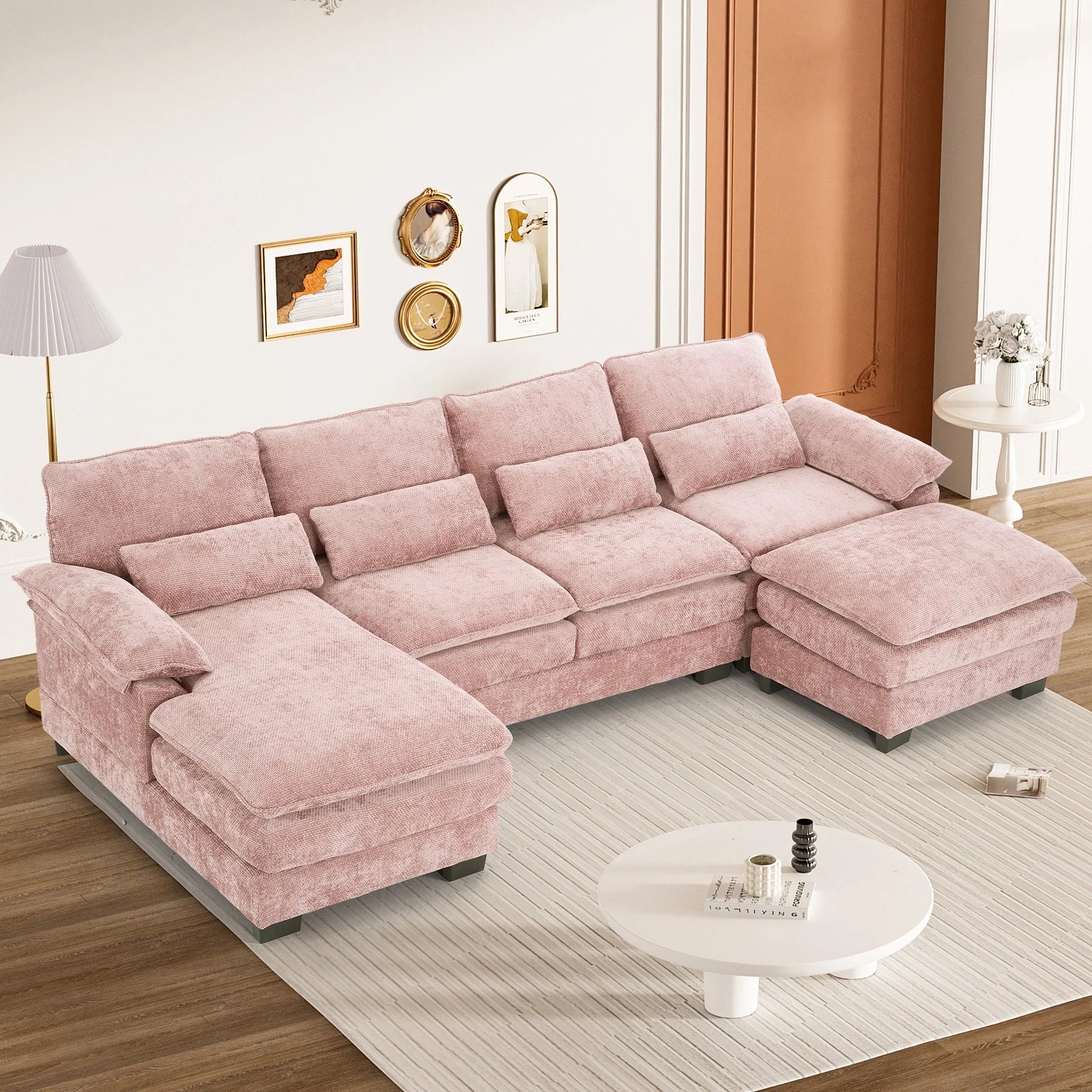 Ouyessir Soft Chenille Fabric U-Shaped Sectional Sofa Set with Doudle Layer Cushion