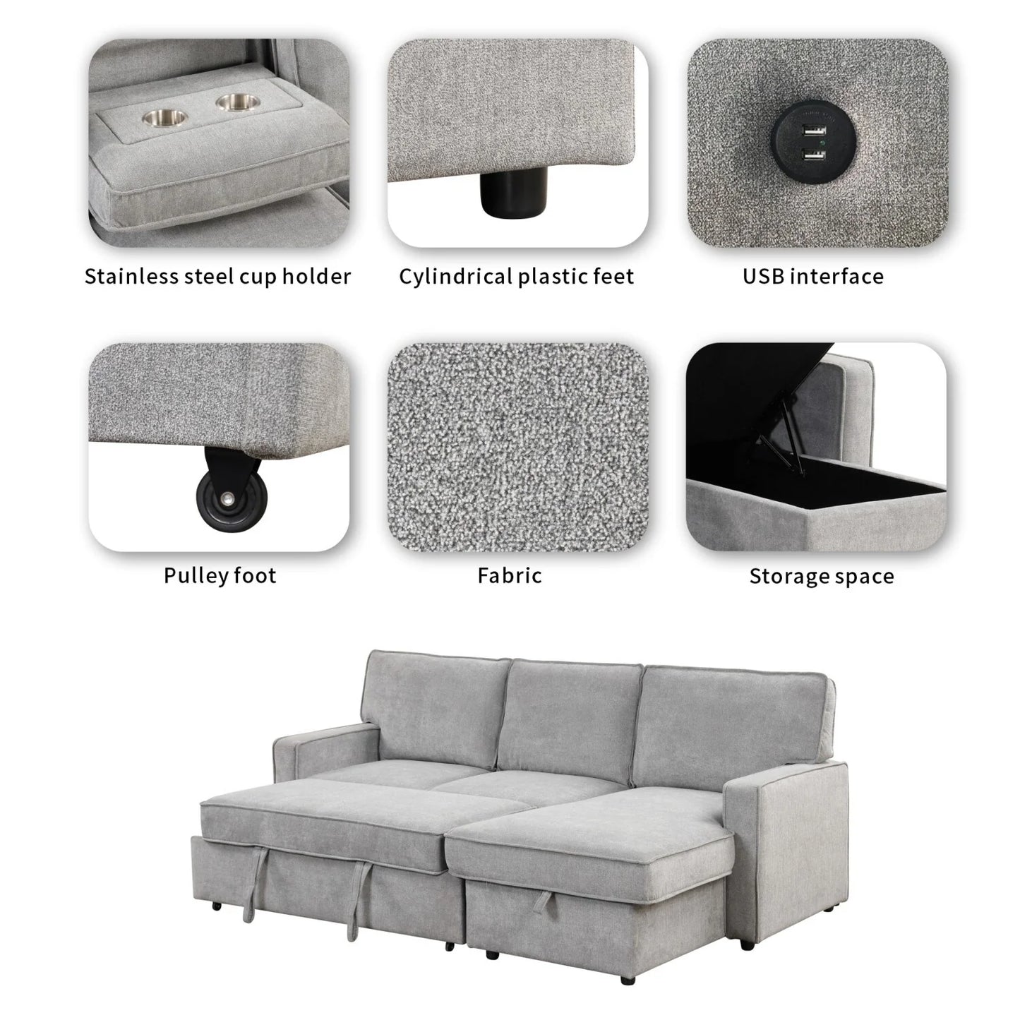 Upholstery Sleeper Sectional Sofa with Storage Space, USB Port, 2 Cup Holders on Back Cushions,Grey