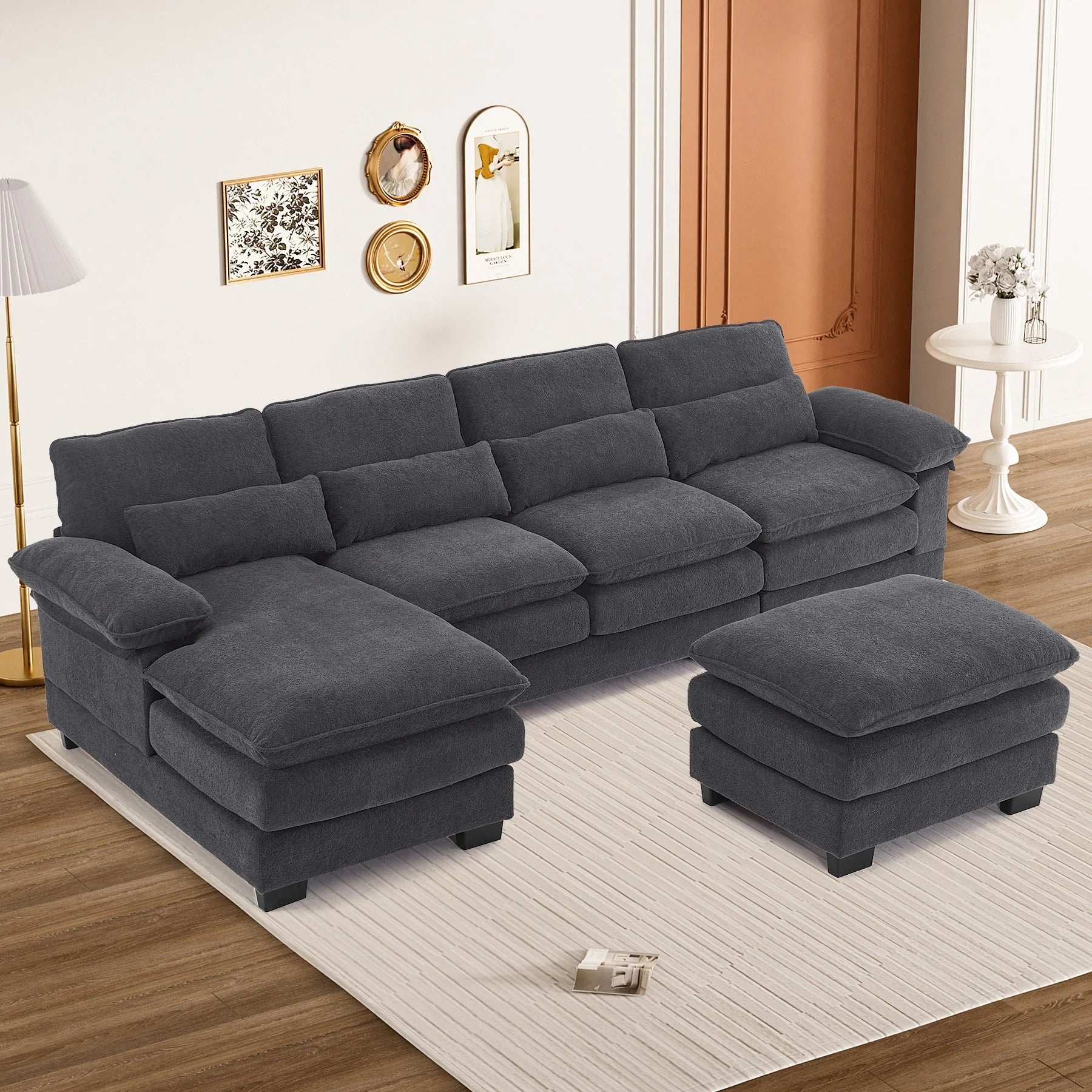 Ouyessir Soft Chenille Fabric U-Shaped Sectional Sofa Set with Doudle Layer Cushion