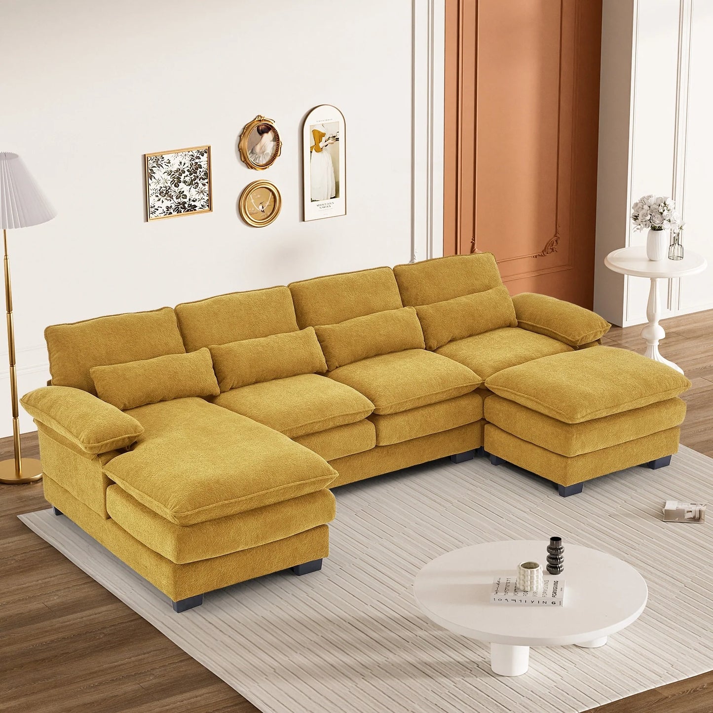 Ouyessir Soft Chenille Fabric U-Shaped Sectional Sofa Set with Doudle Layer Cushion