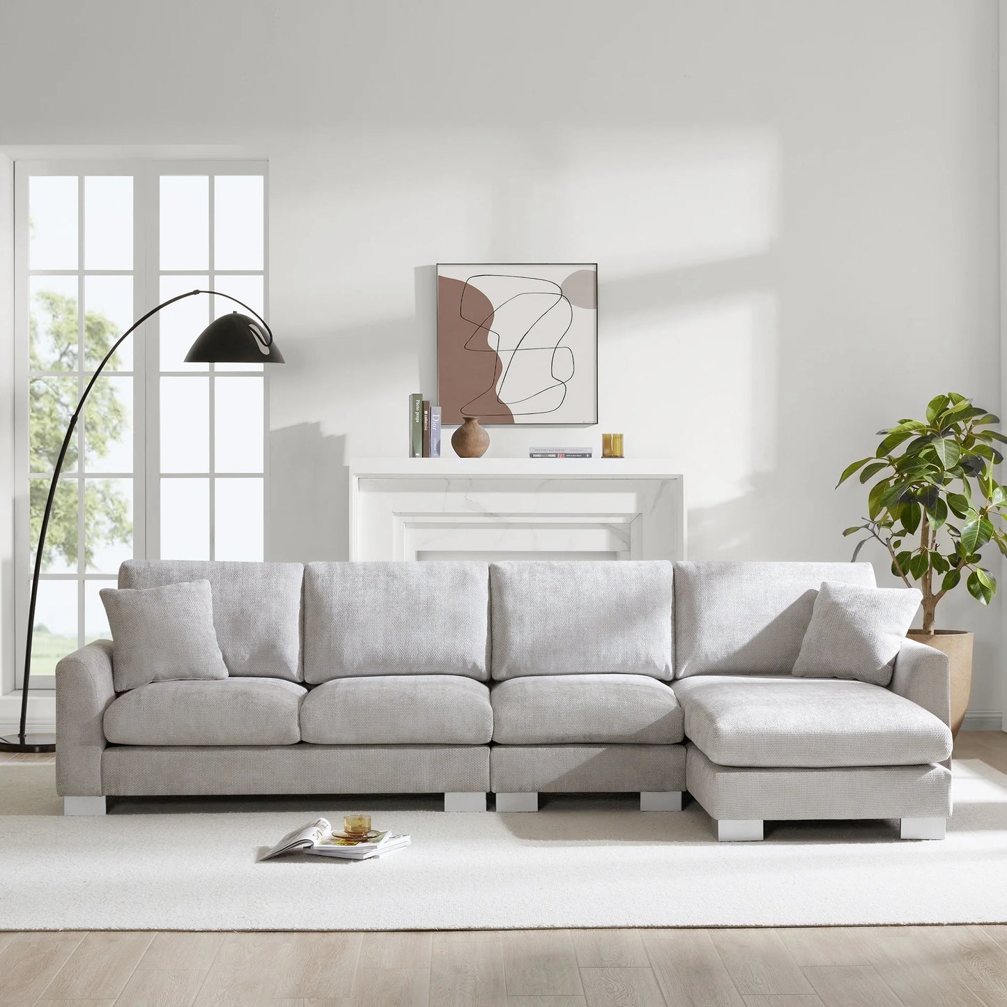 Modern Oversized Sectional Sofa L-Shaped Couch Set with Chaise Lounge and 2 Pillows 5-Seat Chenille Sofa for Living Room