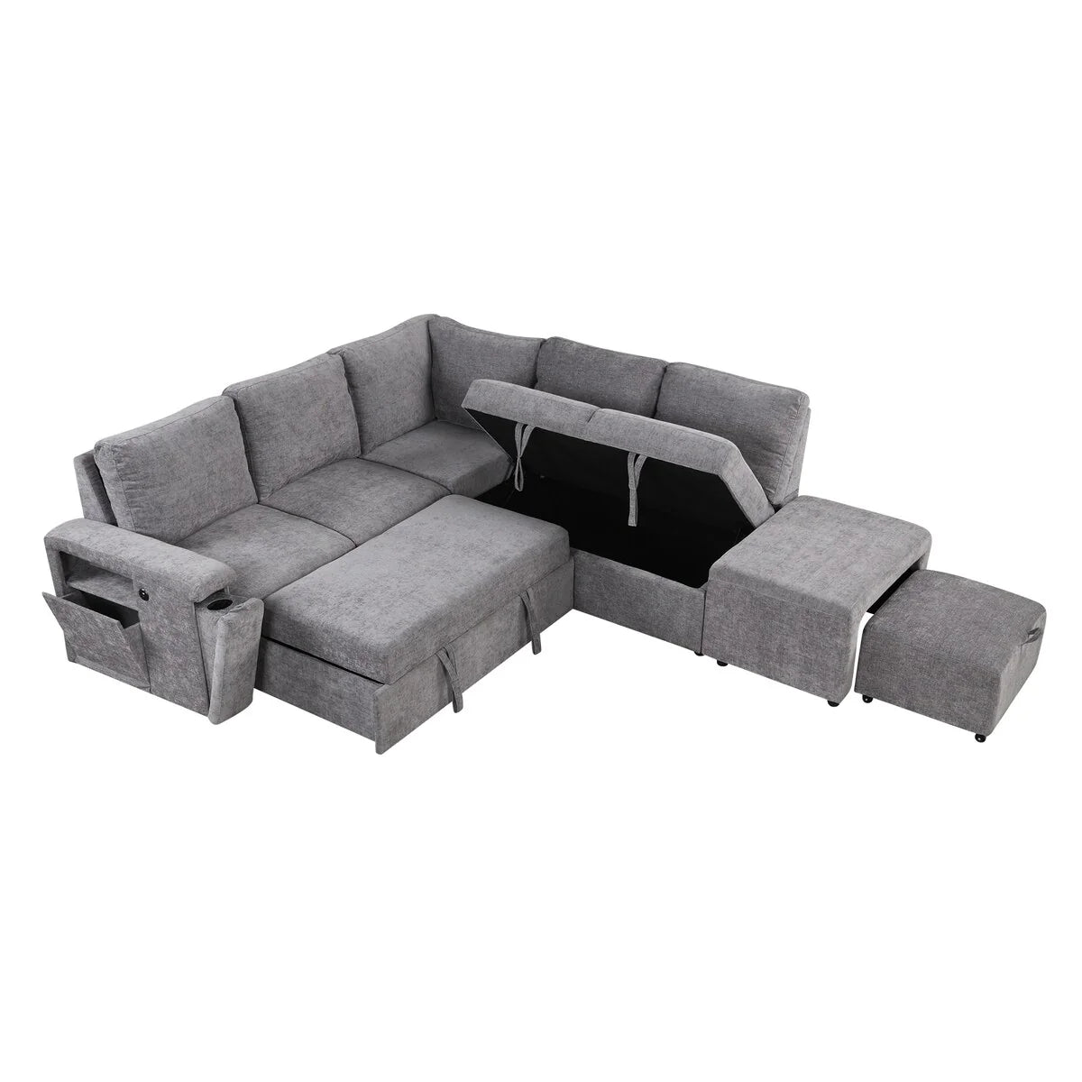 L-Shaped Sectional Set Sleeper Sofa Bed Living Room Recliner Sofa with Storage, Hidden Cup Holder, USB Port & Removable Ottoman