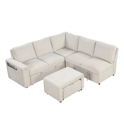 L-Shaped Sectional Set Sleeper Sofa Bed Living Room Recliner Sofa with Storage, Hidden Cup Holder, USB Port & Removable Ottoman