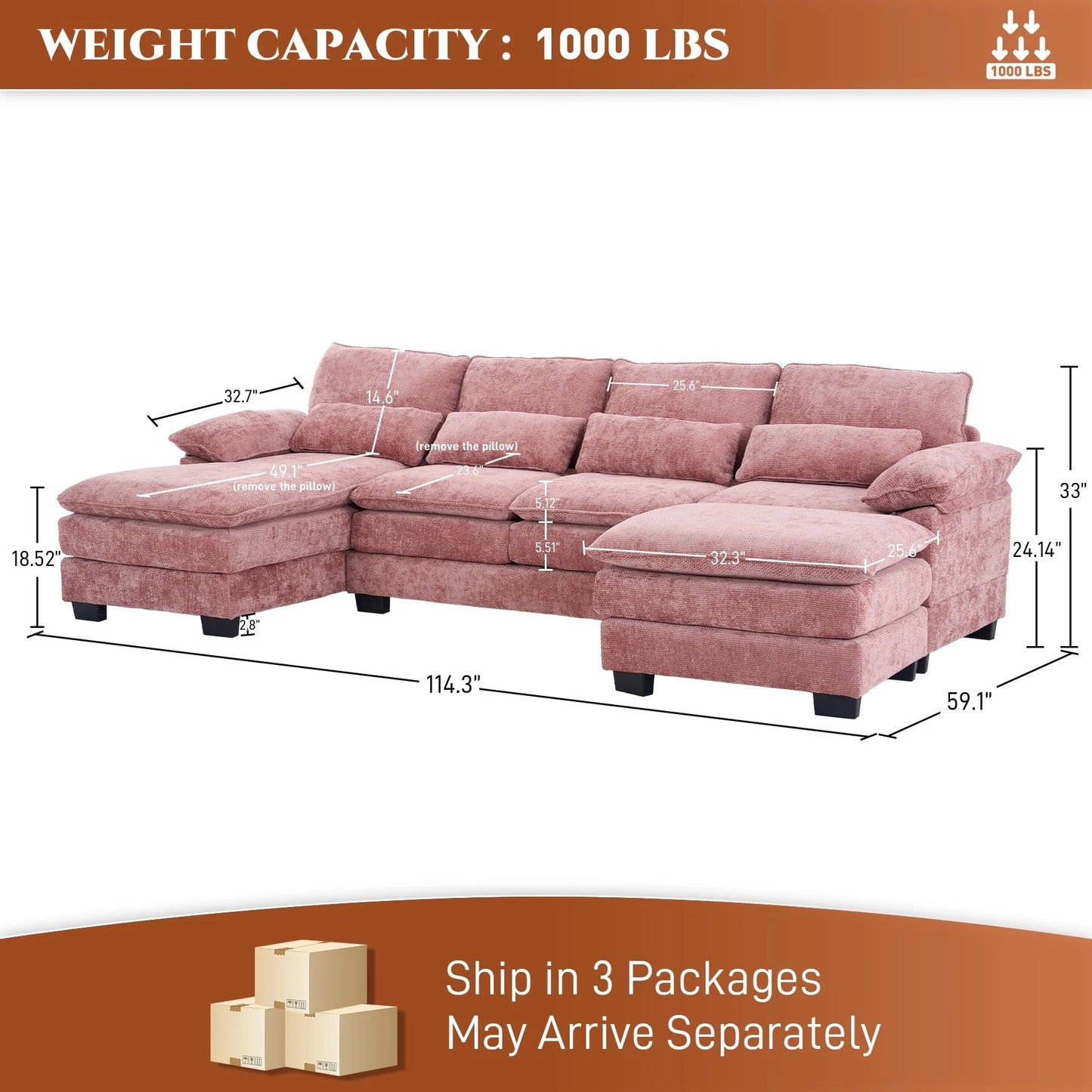 Ouyessir Soft Chenille Fabric U-Shaped Sectional Sofa Set with Doudle Layer Cushion