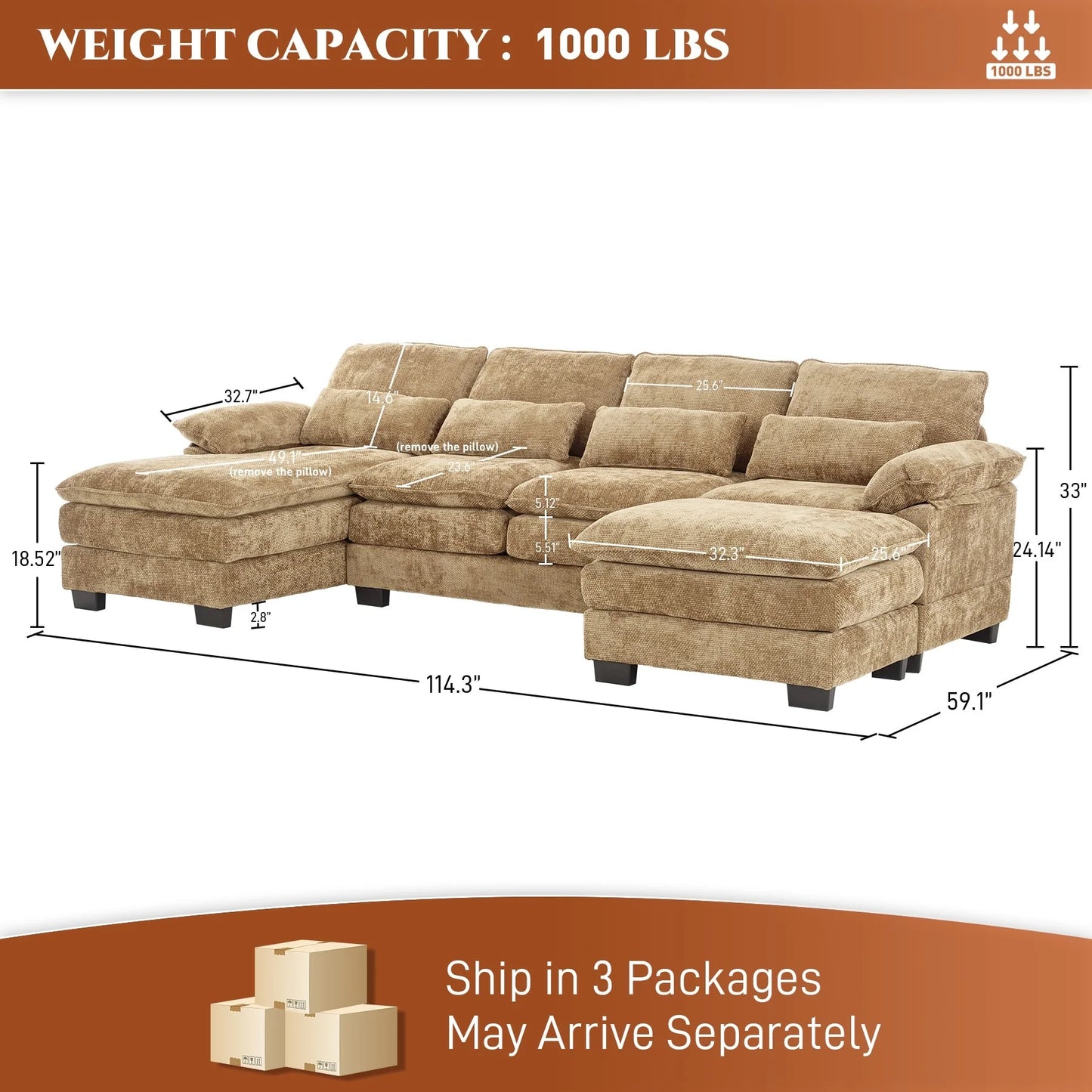 Ouyessir Soft Chenille Fabric U-Shaped Sectional Sofa Set with Doudle Layer Cushion