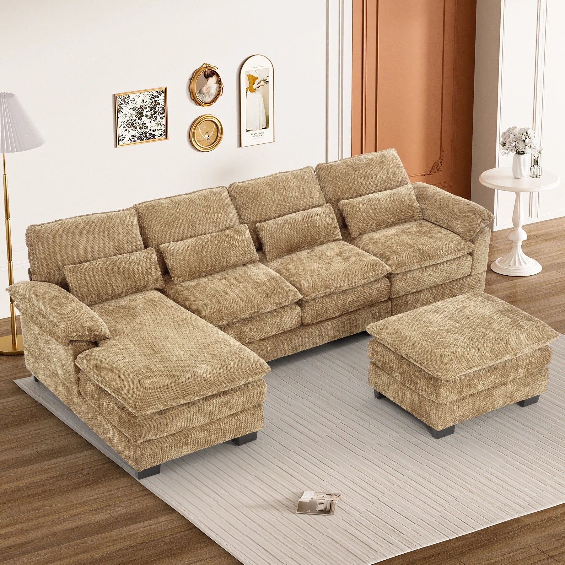 Ouyessir Soft Chenille Fabric U-Shaped Sectional Sofa Set with Doudle Layer Cushion