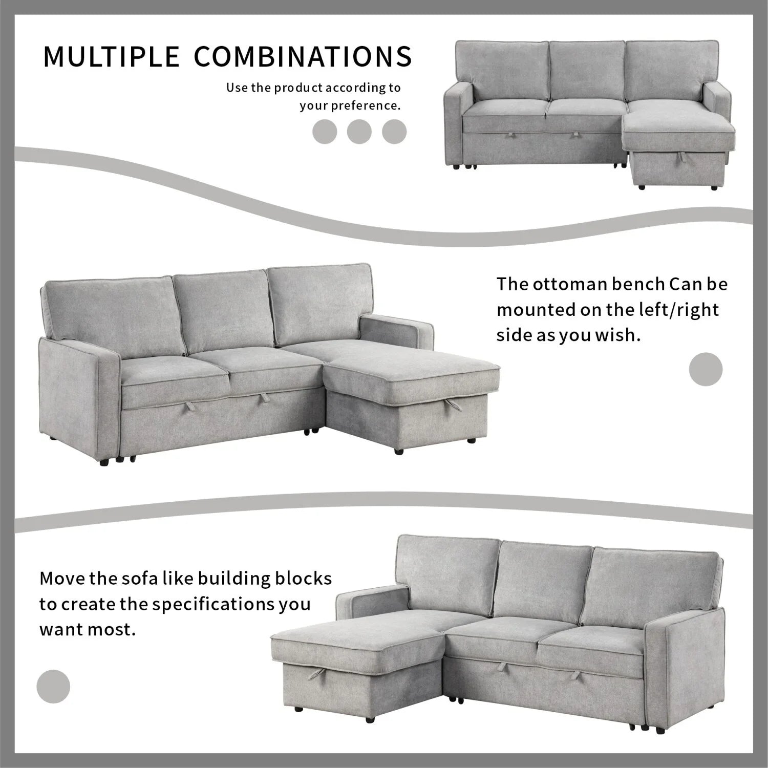 Upholstery Sleeper Sectional Sofa with Storage Space, USB Port, 2 Cup Holders on Back Cushions,Grey