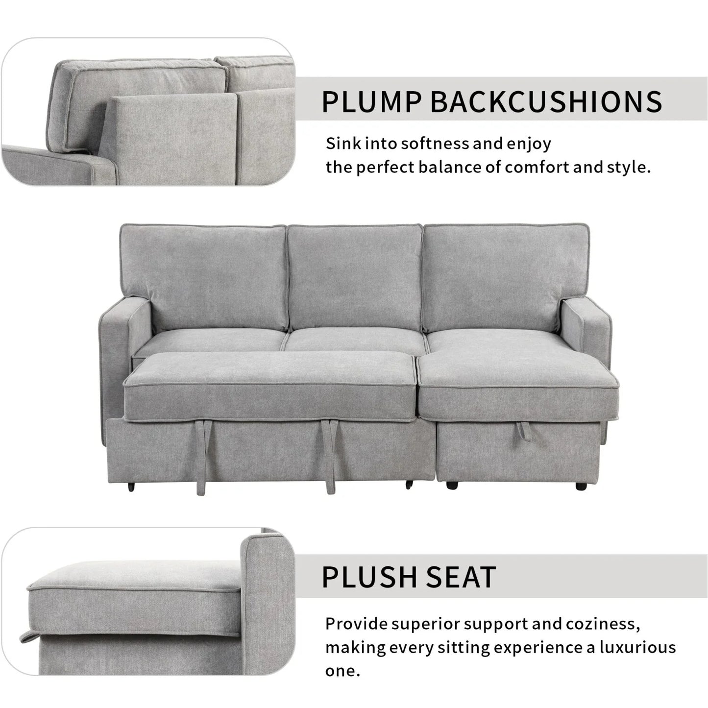 Upholstery Sleeper Sectional Sofa with Storage Space, USB Port, 2 Cup Holders on Back Cushions,Grey