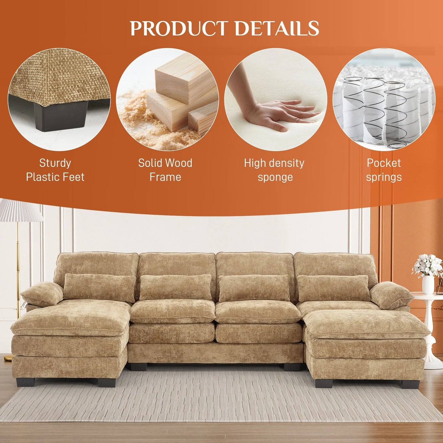 Ouyessir Soft Chenille Fabric U-Shaped Sectional Sofa Set with Doudle Layer Cushion