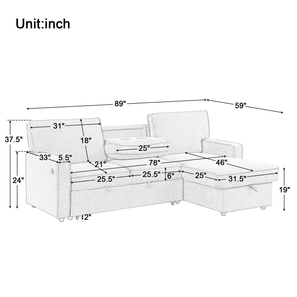 Upholstery Sleeper Sectional Sofa with Storage Space, USB Port, 2 Cup Holders on Back Cushions,Grey