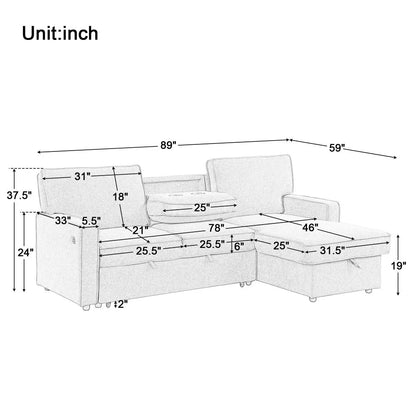 Upholstery Sleeper Sectional Sofa with Storage Space, USB Port, 2 Cup Holders on Back Cushions,Grey