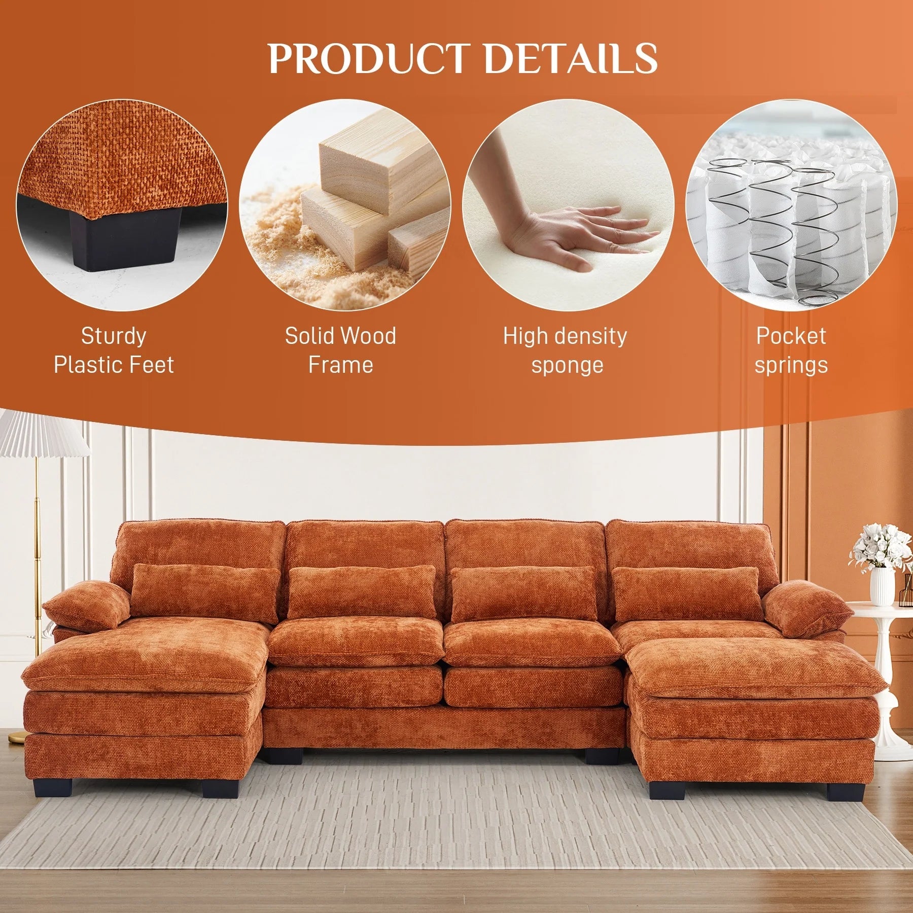 Ouyessir Soft Chenille Fabric U-Shaped Sectional Sofa Set with Doudle Layer Cushion