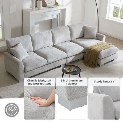 Modern Oversized Sectional Sofa L-Shaped Couch Set with Chaise Lounge and 2 Pillows 5-Seat Chenille Sofa for Living Room