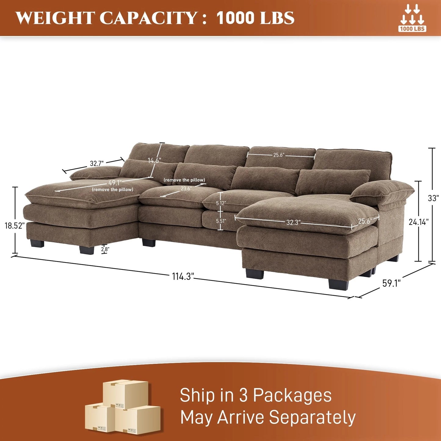 Ouyessir Soft Chenille Fabric U-Shaped Sectional Sofa Set with Doudle Layer Cushion