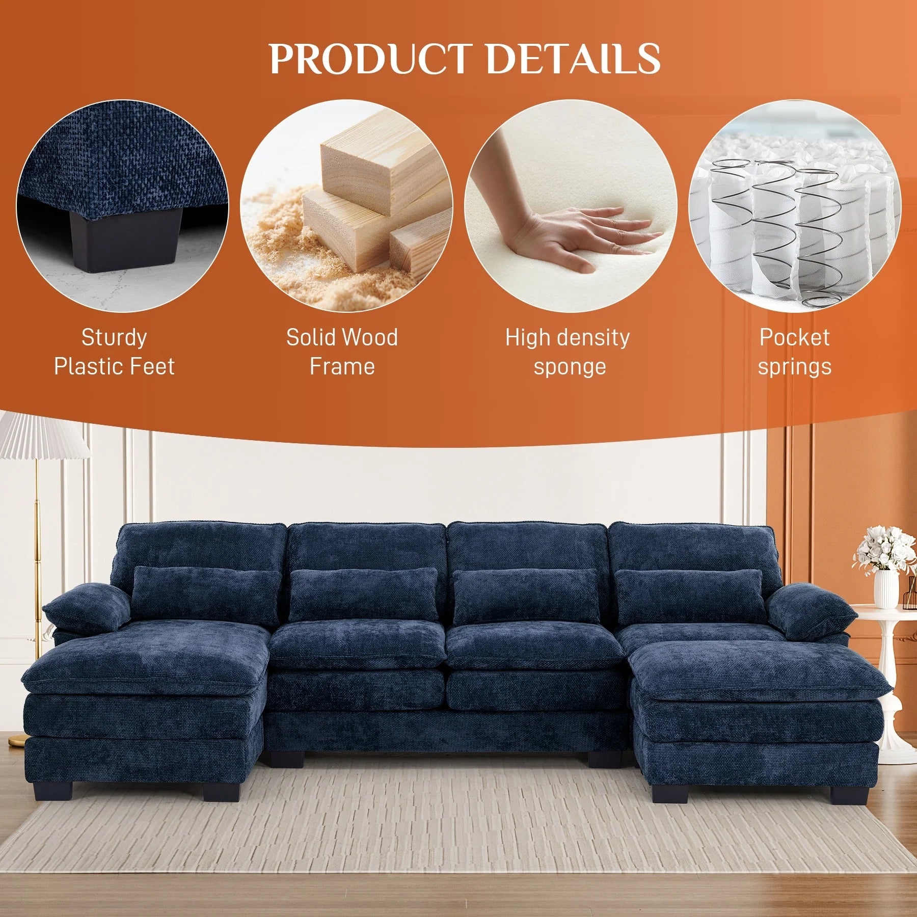 Ouyessir Soft Chenille Fabric U-Shaped Sectional Sofa Set with Doudle Layer Cushion