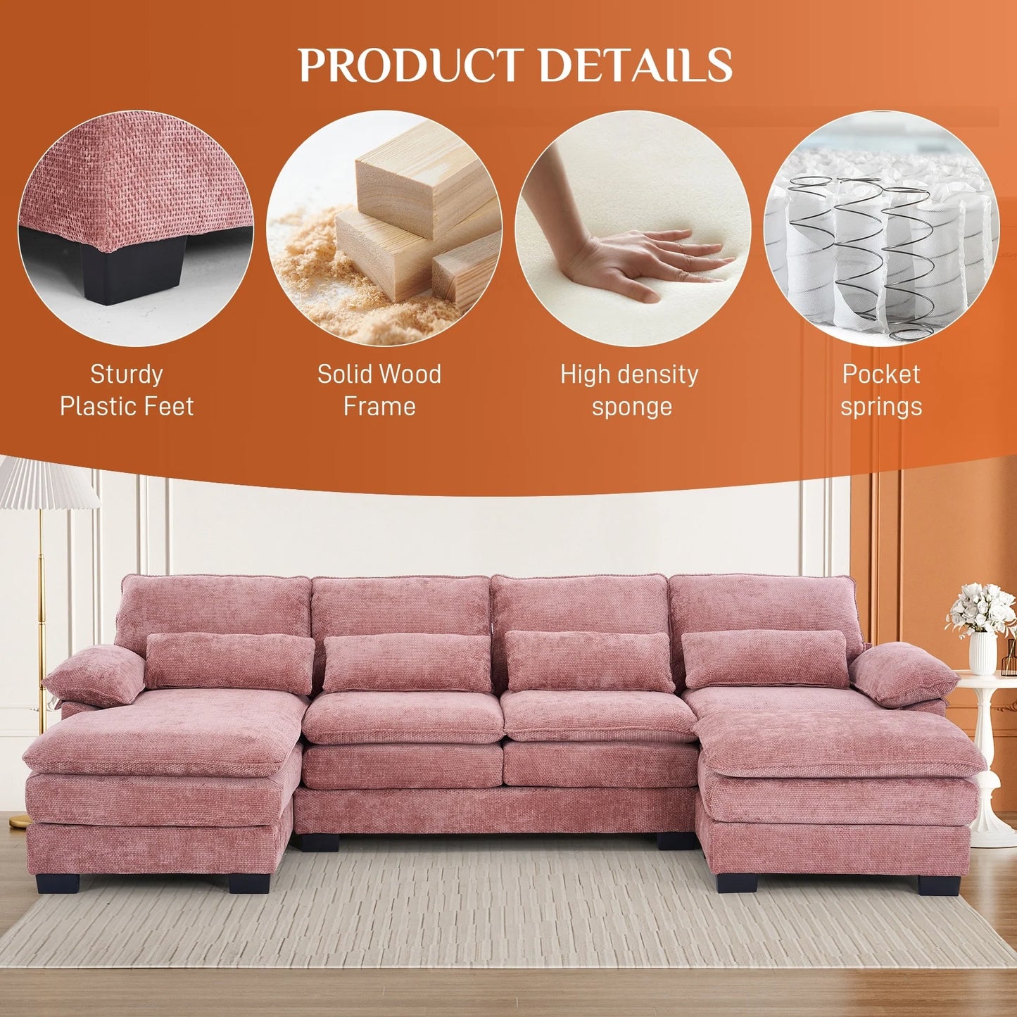 Ouyessir Soft Chenille Fabric U-Shaped Sectional Sofa Set with Doudle Layer Cushion