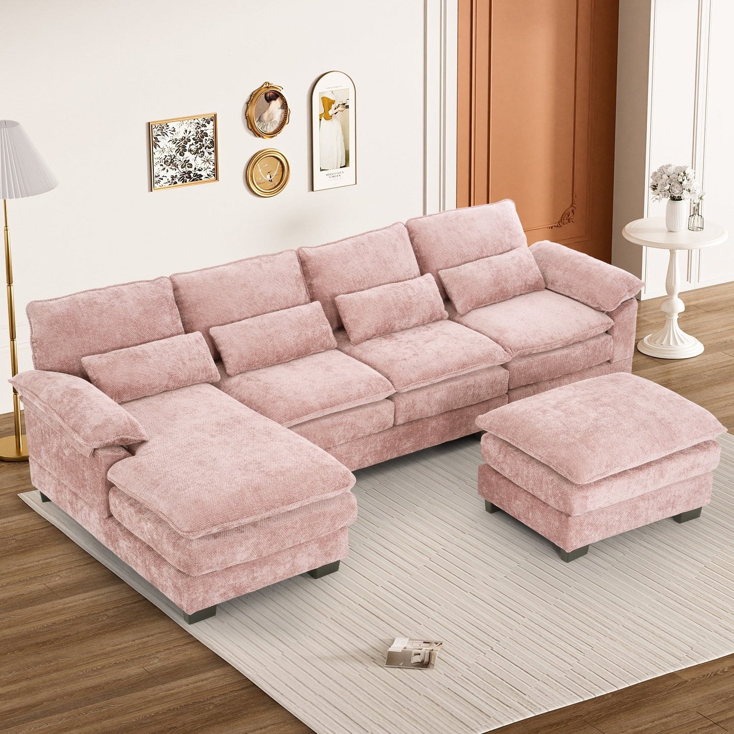 Ouyessir Soft Chenille Fabric U-Shaped Sectional Sofa Set with Doudle Layer Cushion