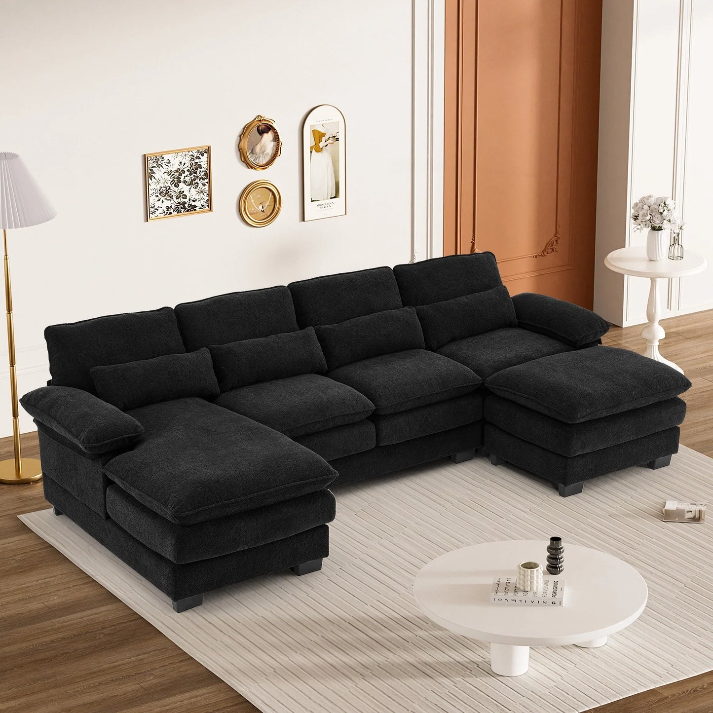 Ouyessir Soft Chenille Fabric U-Shaped Sectional Sofa Set with Doudle Layer Cushion