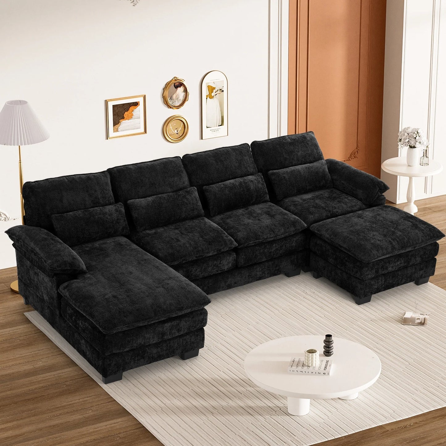 Ouyessir Soft Chenille Fabric U-Shaped Sectional Sofa Set with Doudle Layer Cushion