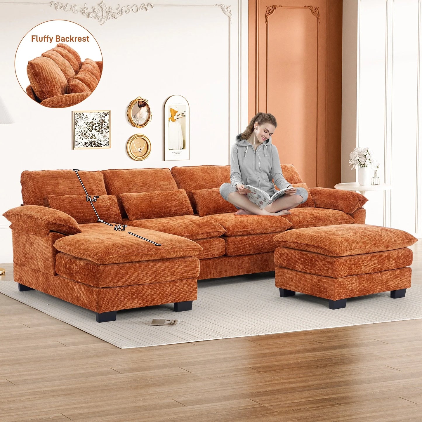 Ouyessir Soft Chenille Fabric U-Shaped Sectional Sofa Set with Doudle Layer Cushion