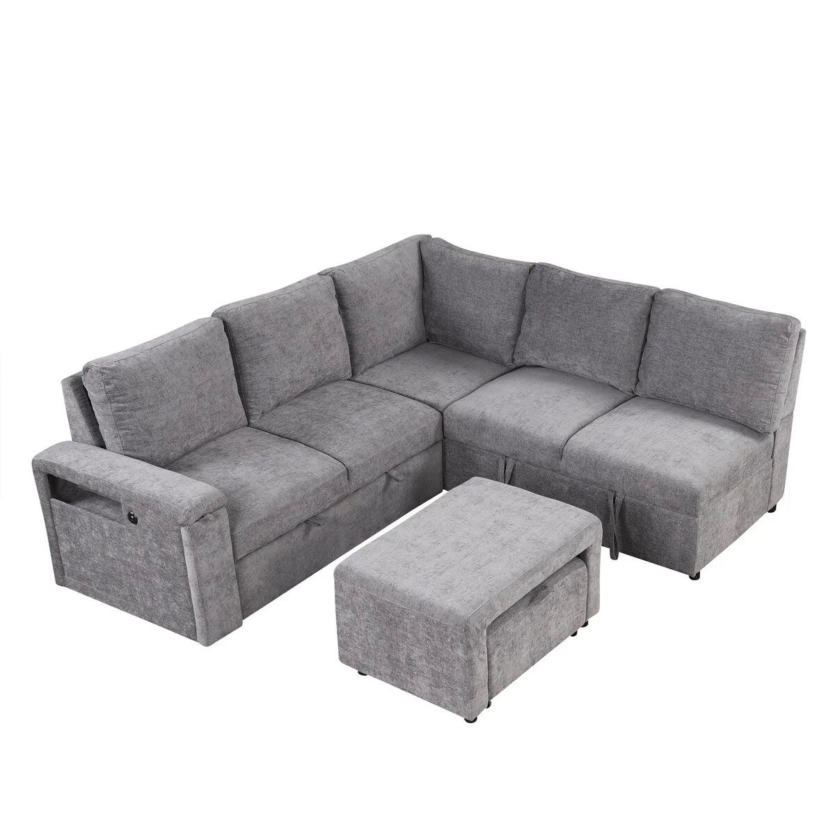 L-Shaped Sectional Set Sleeper Sofa Bed Living Room Recliner Sofa with Storage, Hidden Cup Holder, USB Port & Removable Ottoman