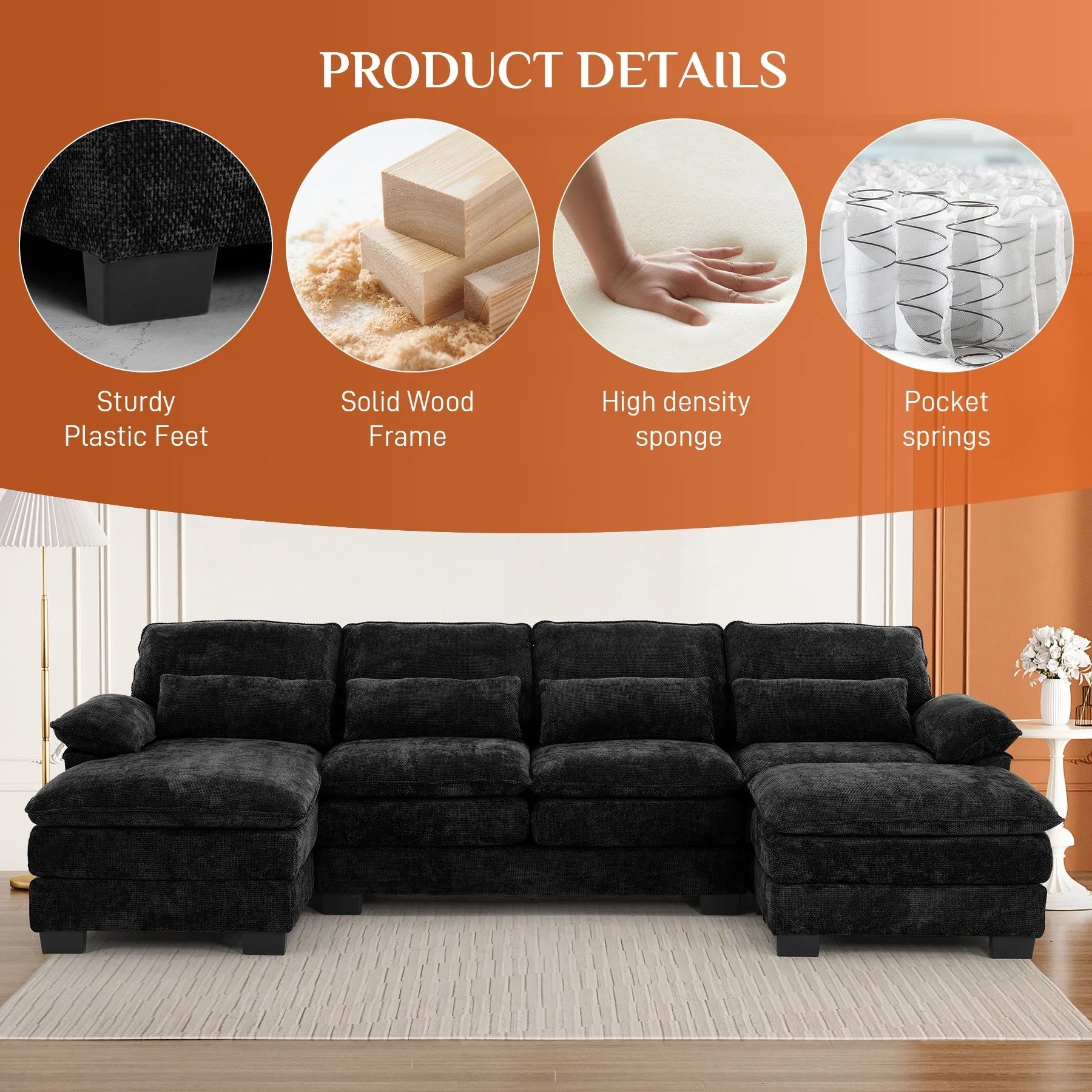 Ouyessir Soft Chenille Fabric U-Shaped Sectional Sofa Set with Doudle Layer Cushion