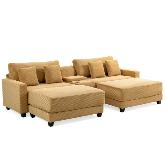 Oversized Corduroy Upholstered Sofa with Removable Ottomans, 4 Pillows, USB & Type C Charging Ports,And 2 Cup Holders