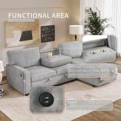 Upholstery Sleeper Sectional Sofa with Storage Space, USB Port, 2 Cup Holders on Back Cushions,Grey