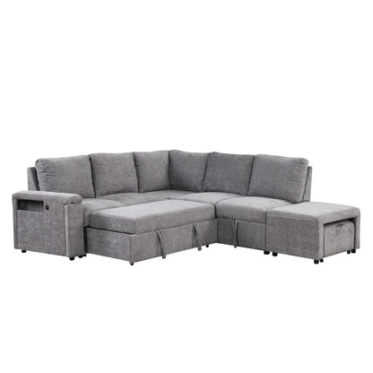 L-Shaped Sectional Set Sleeper Sofa Bed Living Room Recliner Sofa with Storage, Hidden Cup Holder, USB Port & Removable Ottoman