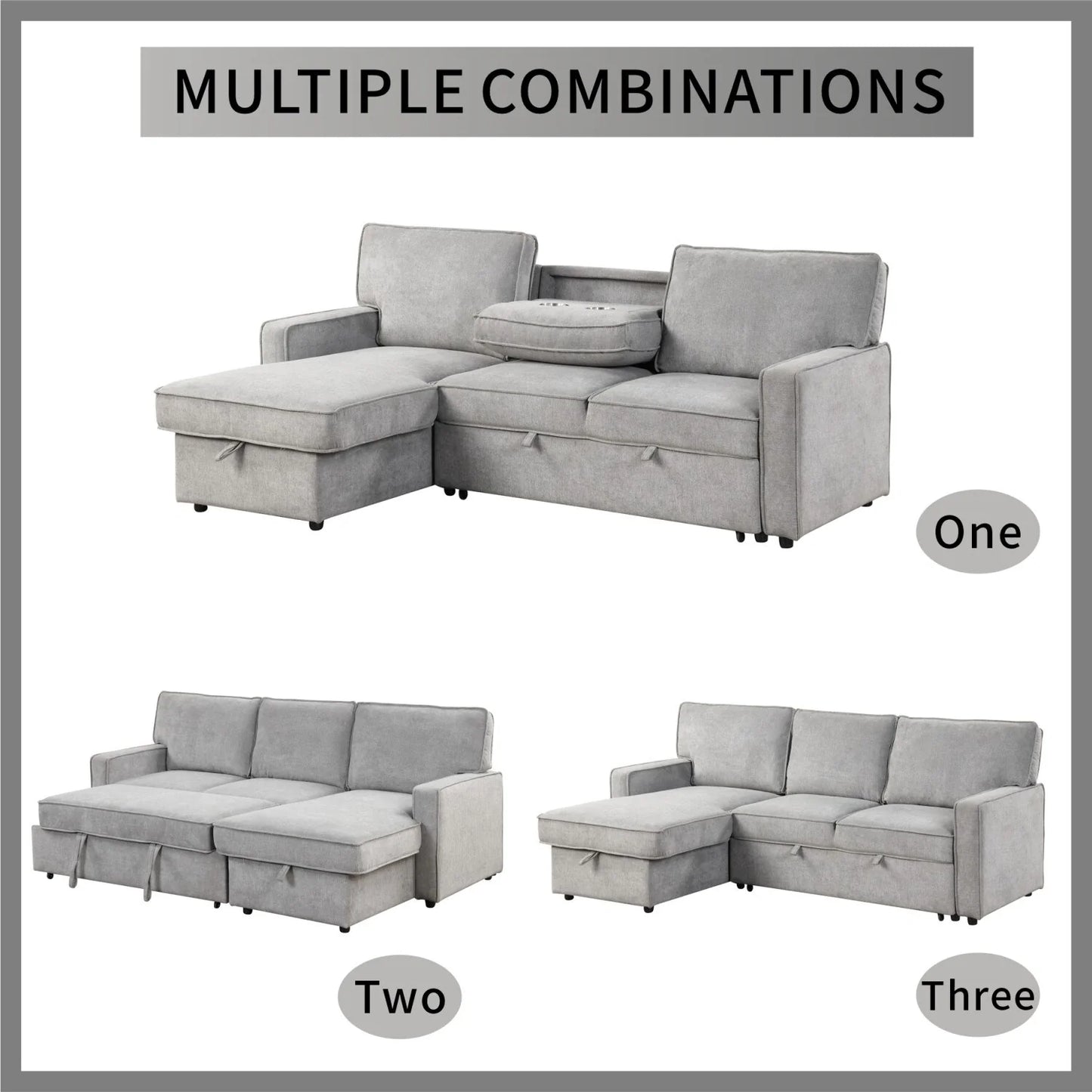 Upholstery Sleeper Sectional Sofa with Storage Space, USB Port, 2 Cup Holders on Back Cushions,Grey