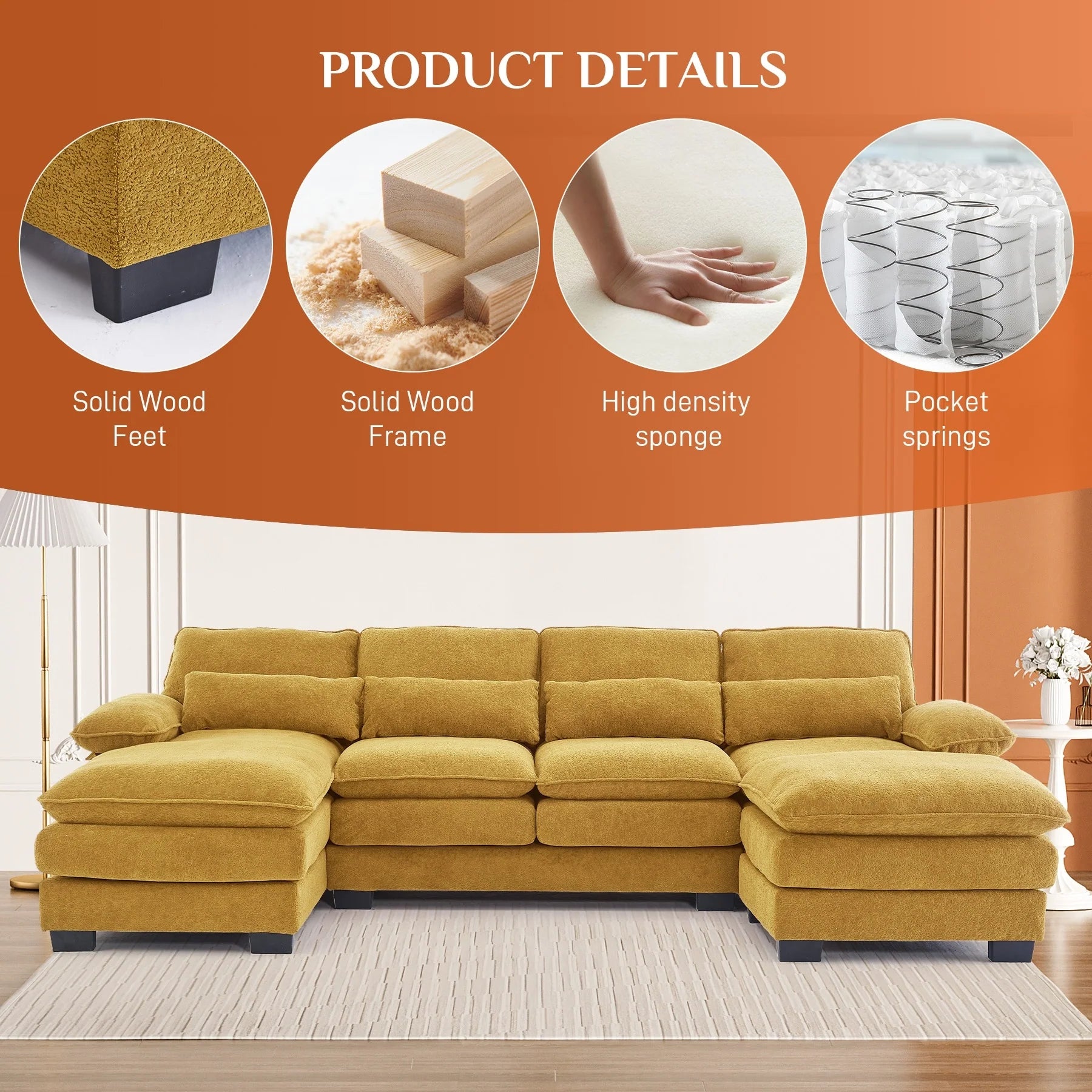 Ouyessir Soft Chenille Fabric U-Shaped Sectional Sofa Set with Doudle Layer Cushion