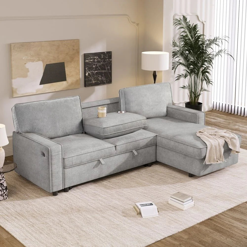 Upholstery Sleeper Sectional Sofa with Storage Space, USB Port, 2 Cup Holders on Back Cushions,Grey