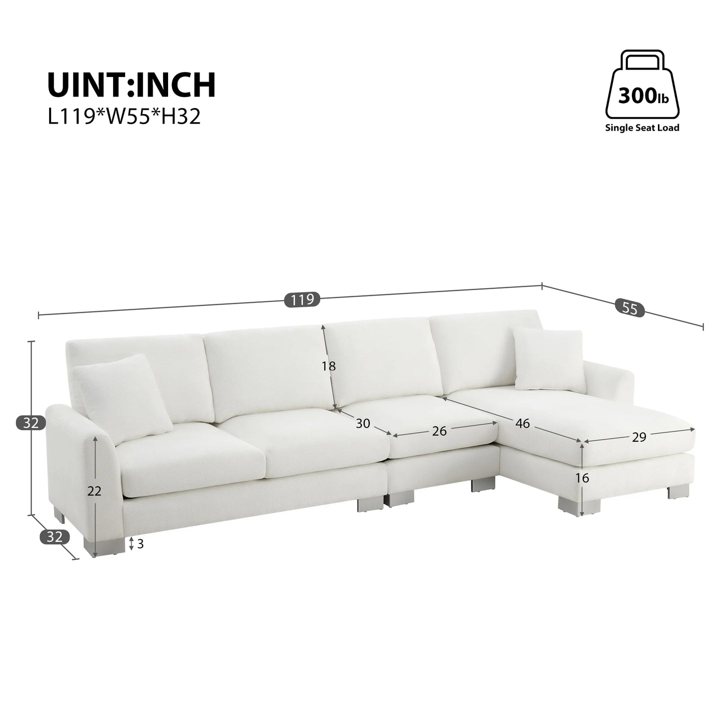 Modern Oversized Sectional Sofa L-Shaped Couch Set with Chaise Lounge and 2 Pillows 5-Seat Chenille Sofa for Living Room