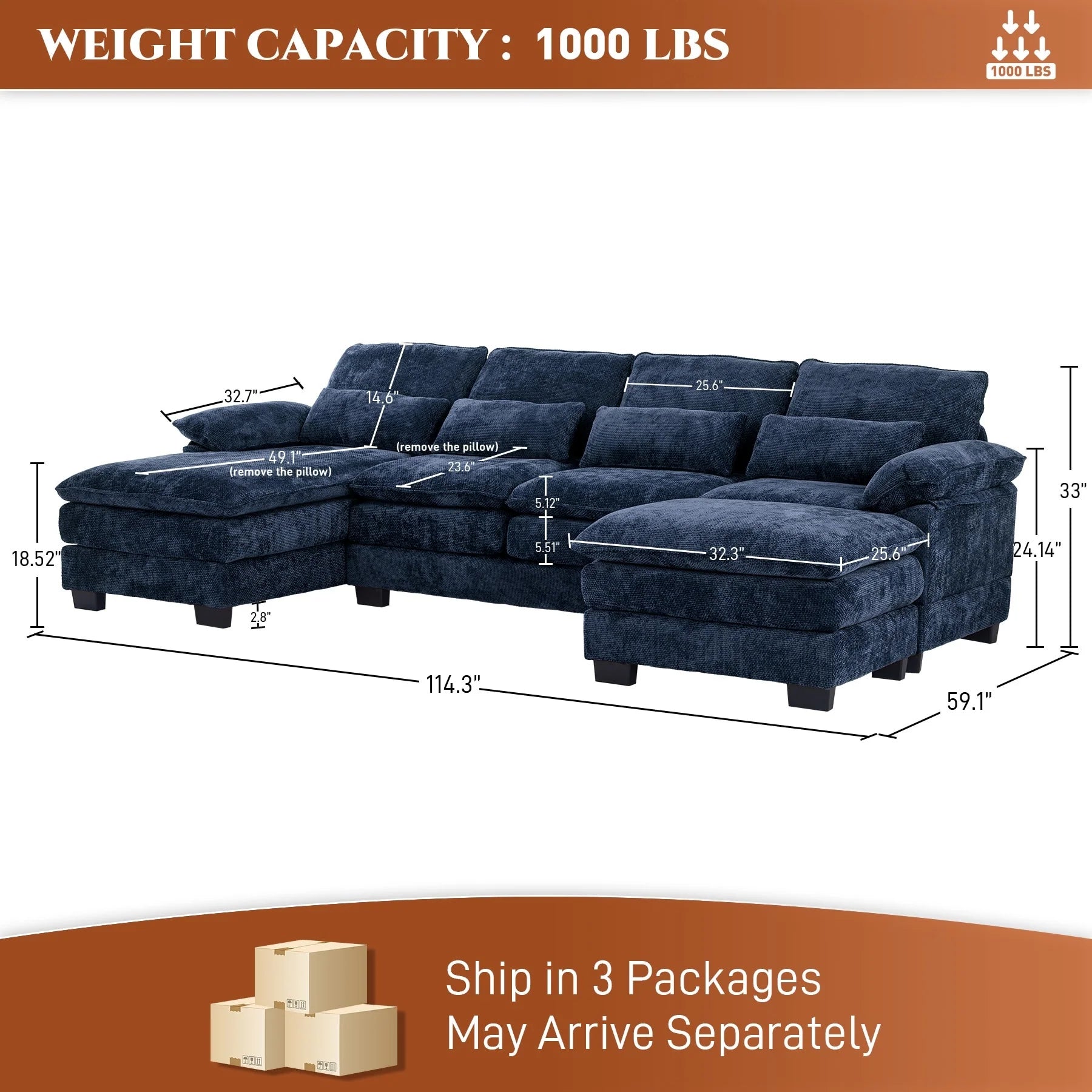 Ouyessir Soft Chenille Fabric U-Shaped Sectional Sofa Set with Doudle Layer Cushion