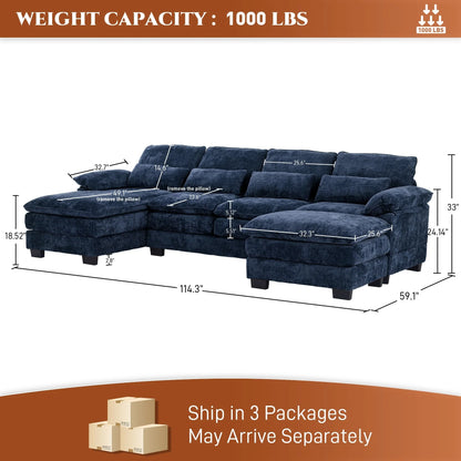 Ouyessir Soft Chenille Fabric U-Shaped Sectional Sofa Set with Doudle Layer Cushion