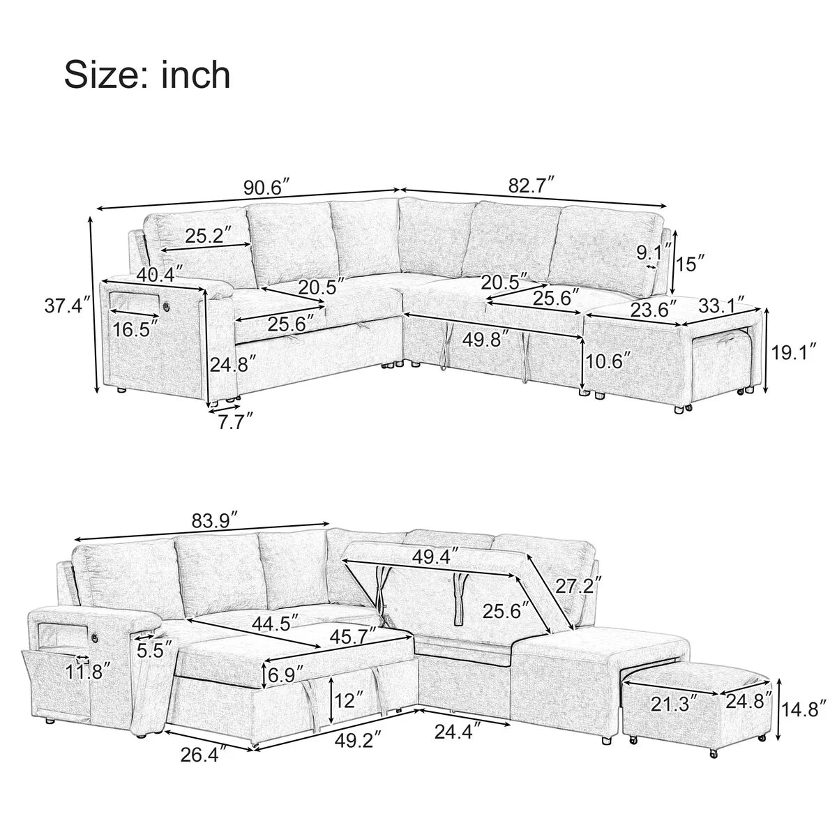 L-Shaped Sectional Set Sleeper Sofa Bed Living Room Recliner Sofa with Storage, Hidden Cup Holder, USB Port & Removable Ottoman