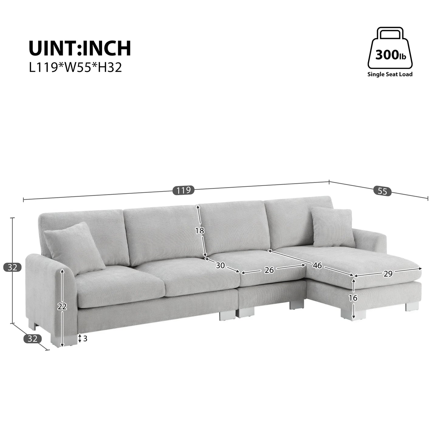 Modern Oversized Sectional Sofa L-Shaped Couch Set with Chaise Lounge and 2 Pillows 5-Seat Chenille Sofa for Living Room