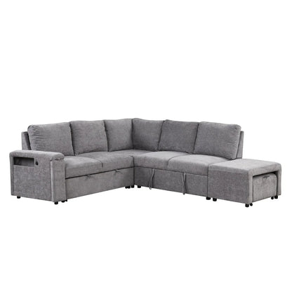 L-Shaped Sectional Set Sleeper Sofa Bed Living Room Recliner Sofa with Storage, Hidden Cup Holder, USB Port & Removable Ottoman