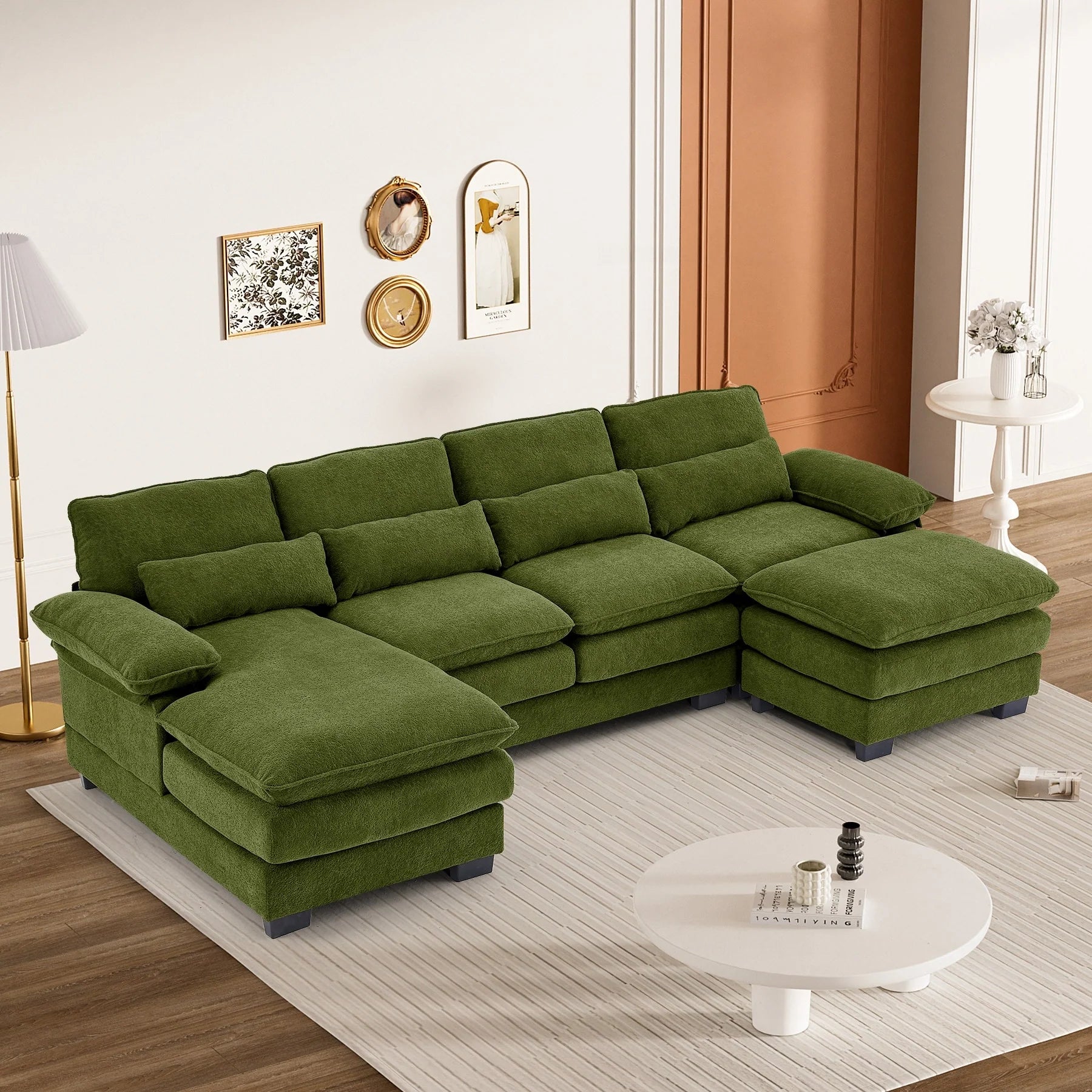 Ouyessir Soft Chenille Fabric U-Shaped Sectional Sofa Set with Doudle Layer Cushion