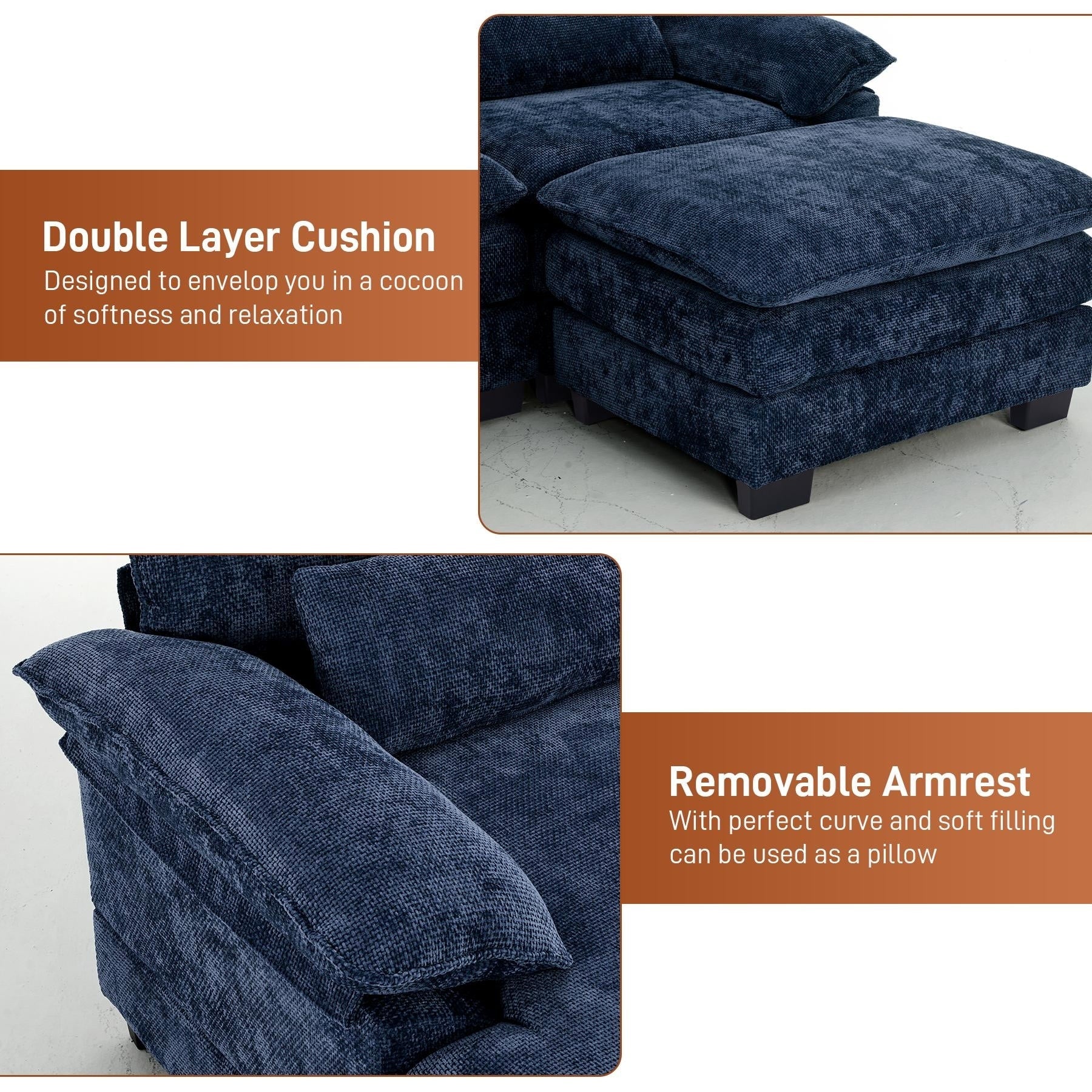 Ouyessir Soft Chenille Fabric U-Shaped Sectional Sofa Set with Doudle Layer Cushion