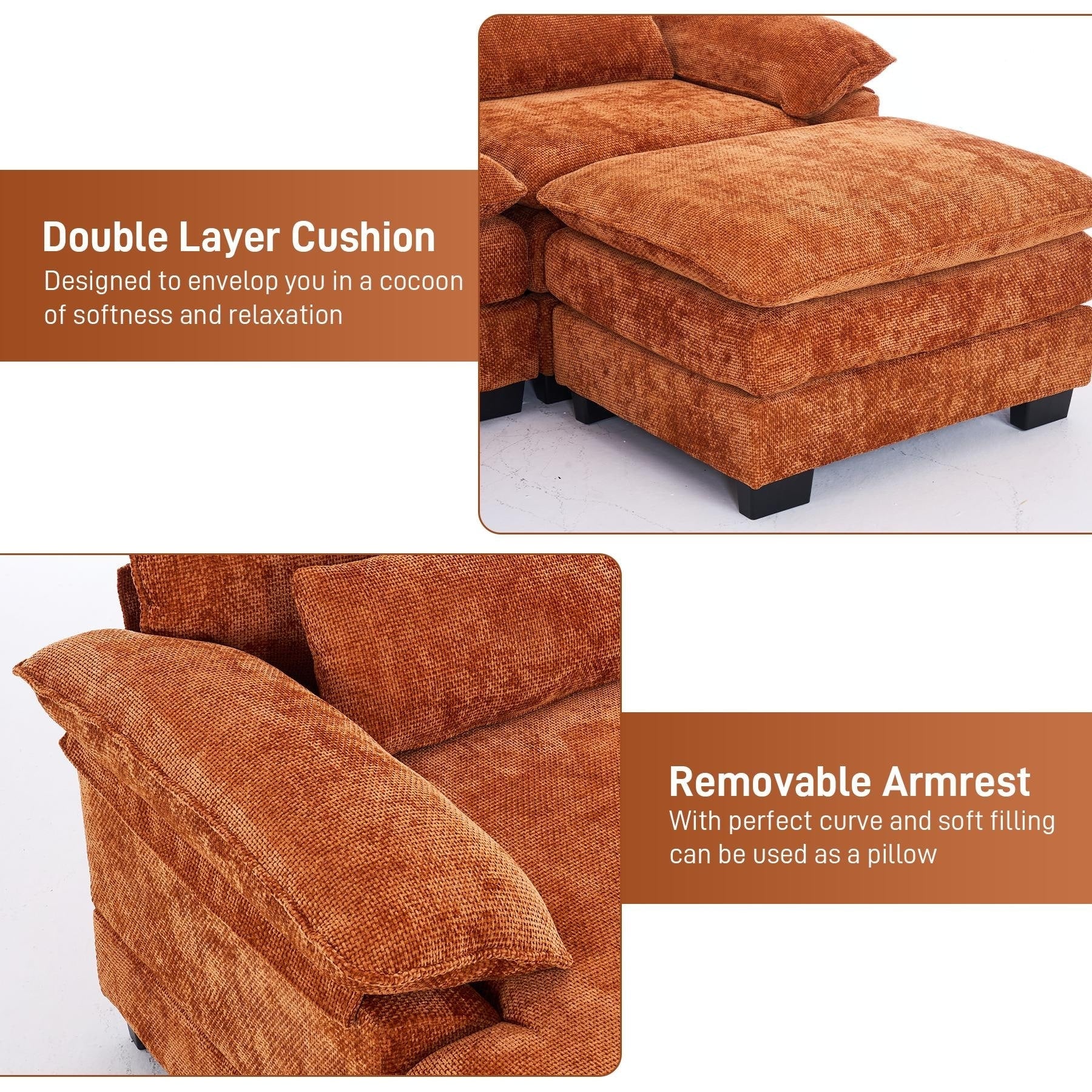 Ouyessir Soft Chenille Fabric U-Shaped Sectional Sofa Set with Doudle Layer Cushion