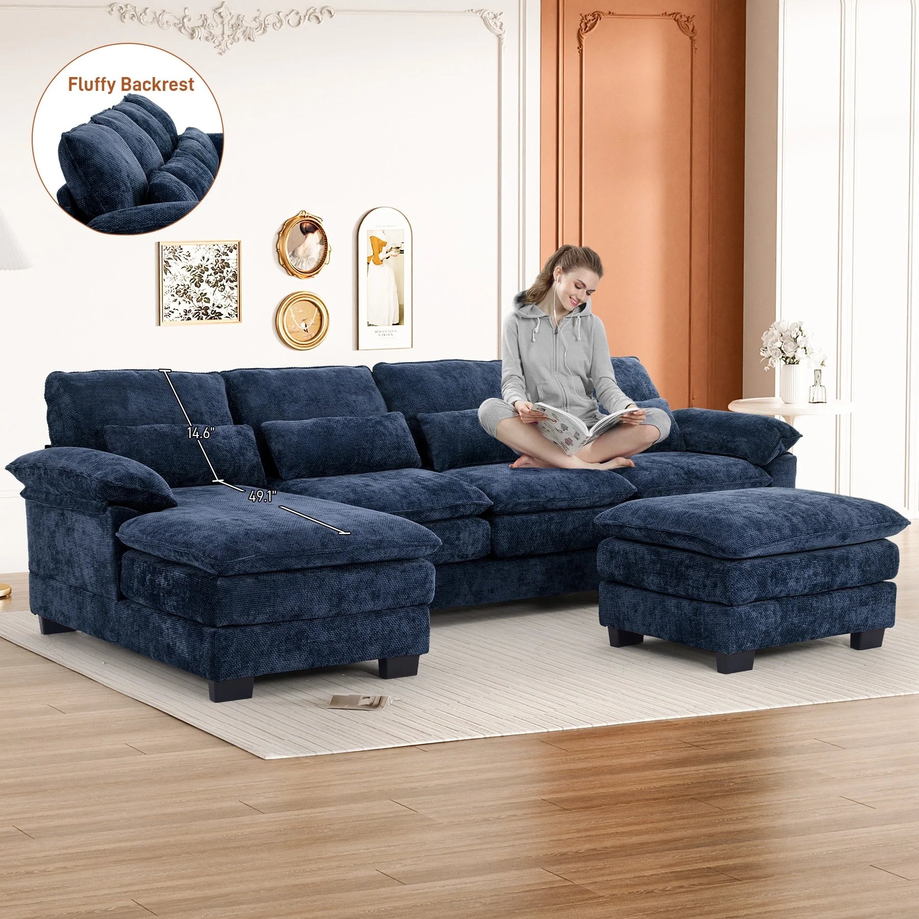 Ouyessir Soft Chenille Fabric U-Shaped Sectional Sofa Set with Doudle Layer Cushion