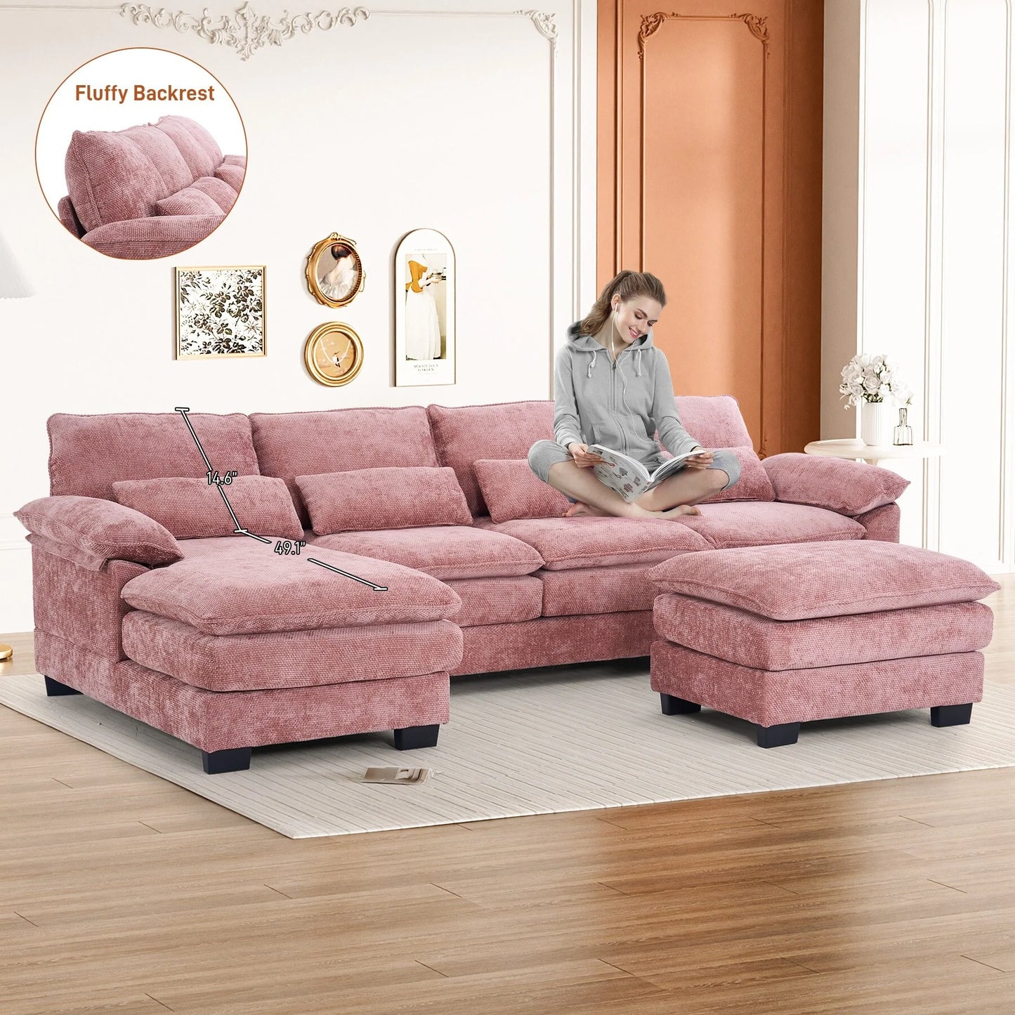 Ouyessir Soft Chenille Fabric U-Shaped Sectional Sofa Set with Doudle Layer Cushion